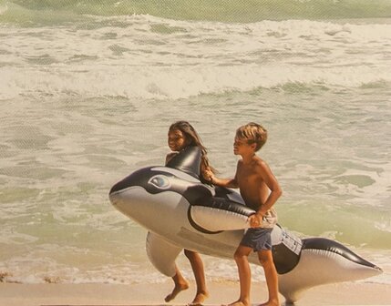 Opblaasbare orca op het strand